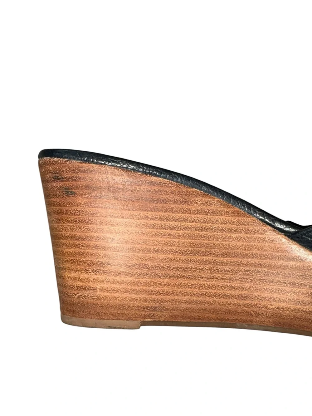 Tory Burch Elina Black Leather Gold Logo Plstform Wedge Sandals - 8.5